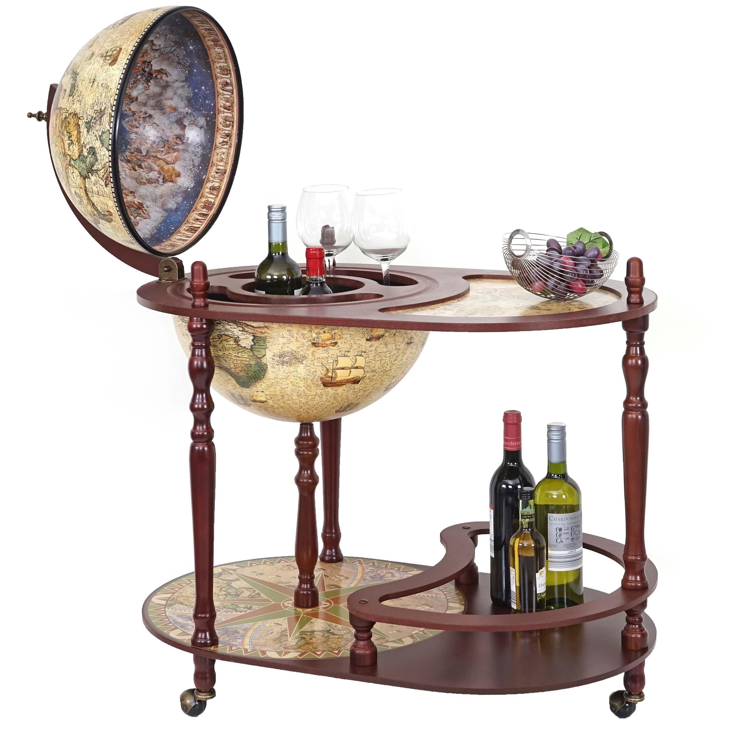Globusbar mit Tisch MCW-D84, Minibar Hausbar Tischbar, Weltkugel Ø 42cm rollbar Eukalyptusholz MVG-zertifiziert