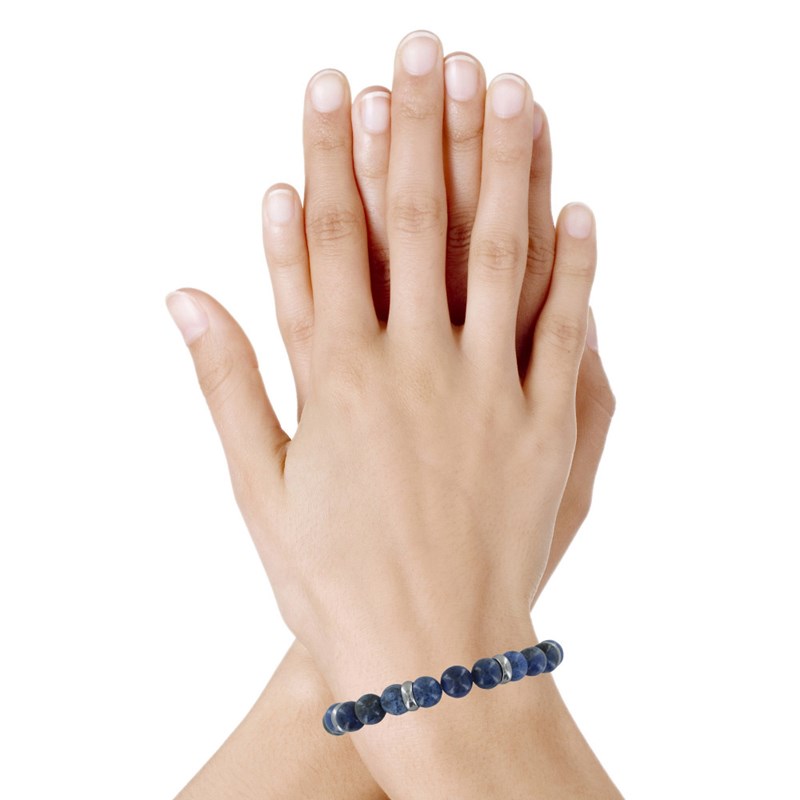 Bracelet Elastique Anneau Acier et Perles Jaspe Bleu