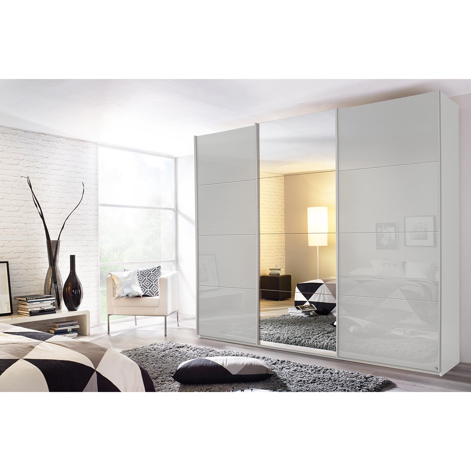 Schwebetürenschrank - seidengrau - mit Spiegel - 2 Glastüren - 271x229 cm