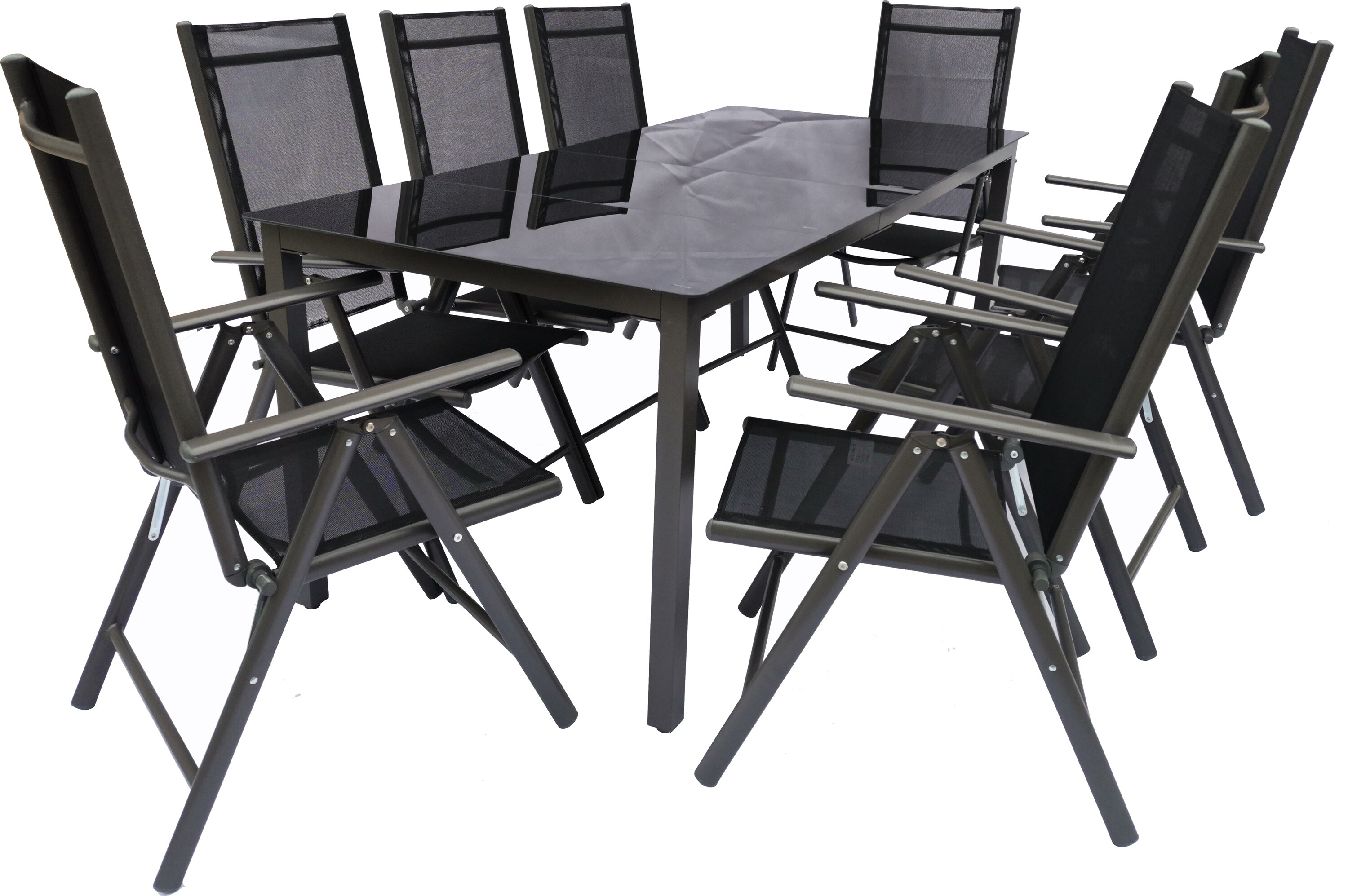 VCM 9 tlg. Set Gartenmöbel Alu Glas Gartenset Sitzgruppe Essgruppe Tisch Stühle 190 SW
