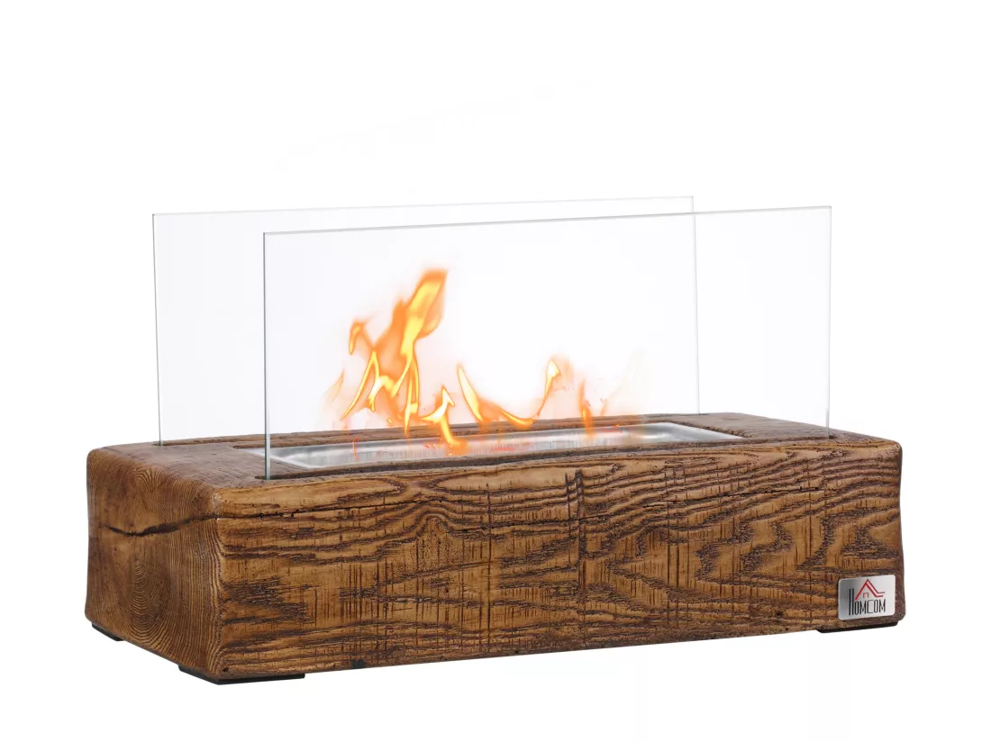 Cheminée portable à poser bioéthanol avec réservoir 0,15 L couverture 18 m² - design bûche de bois - dim. 33L x 16l x 18H cm