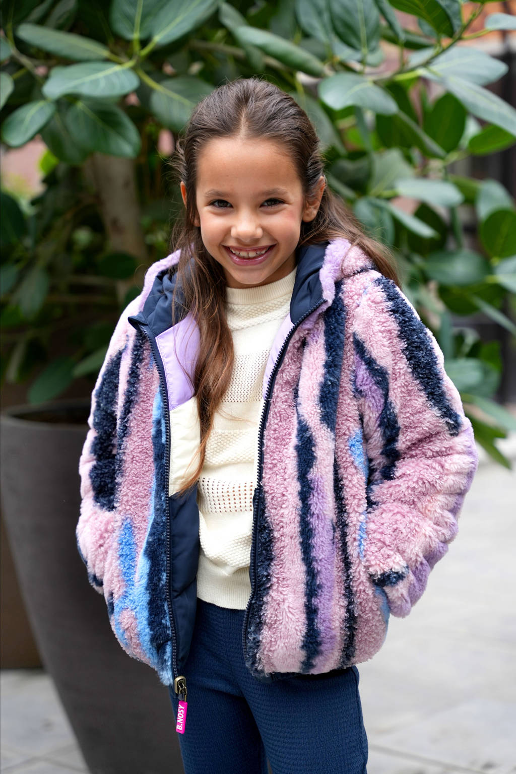 B.Nosy reversible gewatteerde winterjas Jamie met all over print donkerblauw/lila/roze