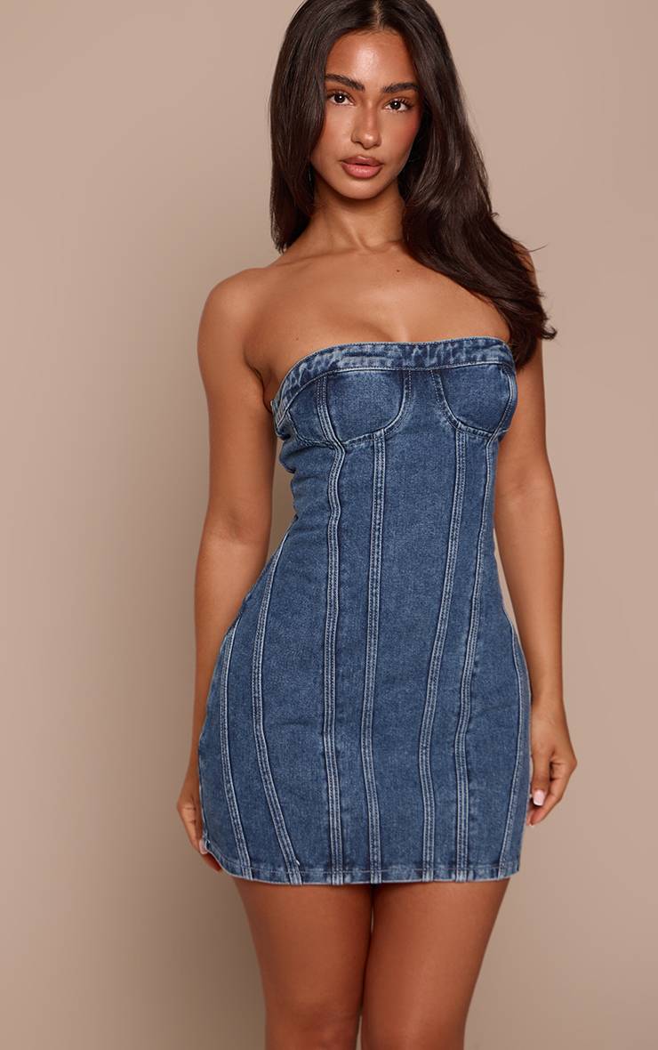 Mid Blue Wash Robe Courte En Denim À Coutures Frontales Petite