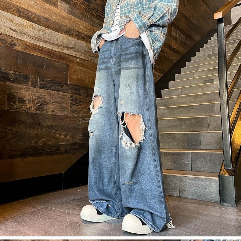 Antaeus - Mid Rise Distressed Wide Leg Jeans