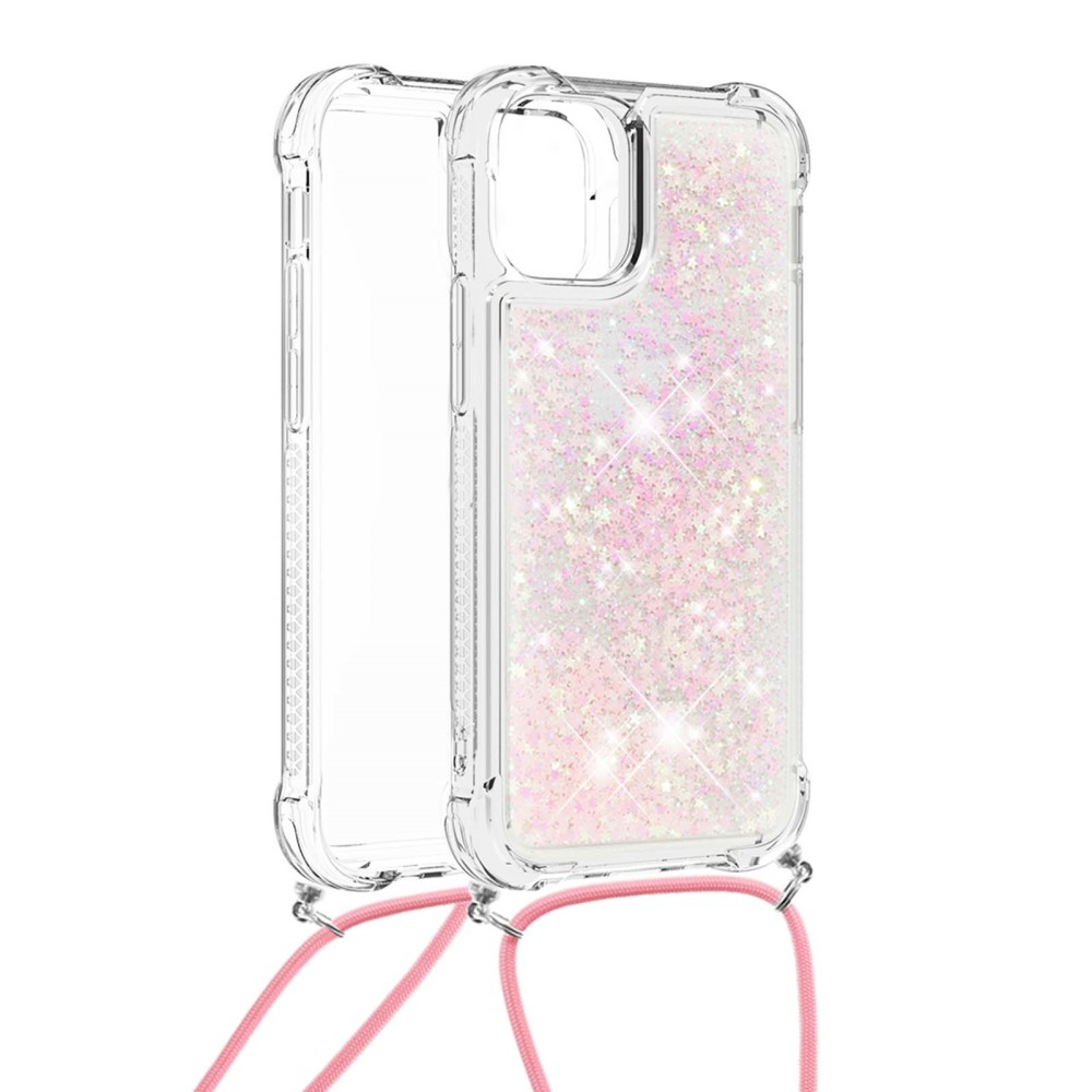iPhone 13 Necklace Gummi Hülle Liquid Glitzer   Handykette (130cm) - Rosa