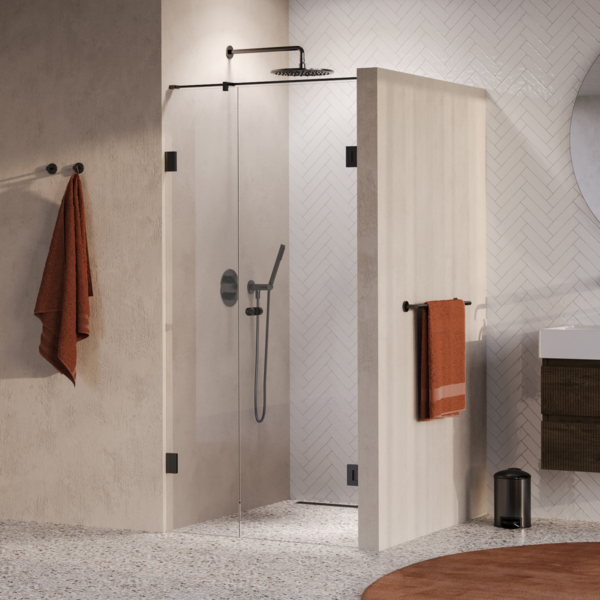Brauer Void Carving profielloze nisdeur 90cm met draaideur 60cm aan muur gunmetal geborsteld PVD