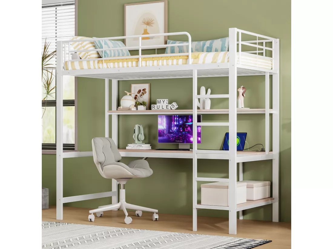 Lit mezzanine garde-corps et escabeau - 90 x 200 cm - avec USB et secteur - LED et bureau - sans matelas - métal - white
