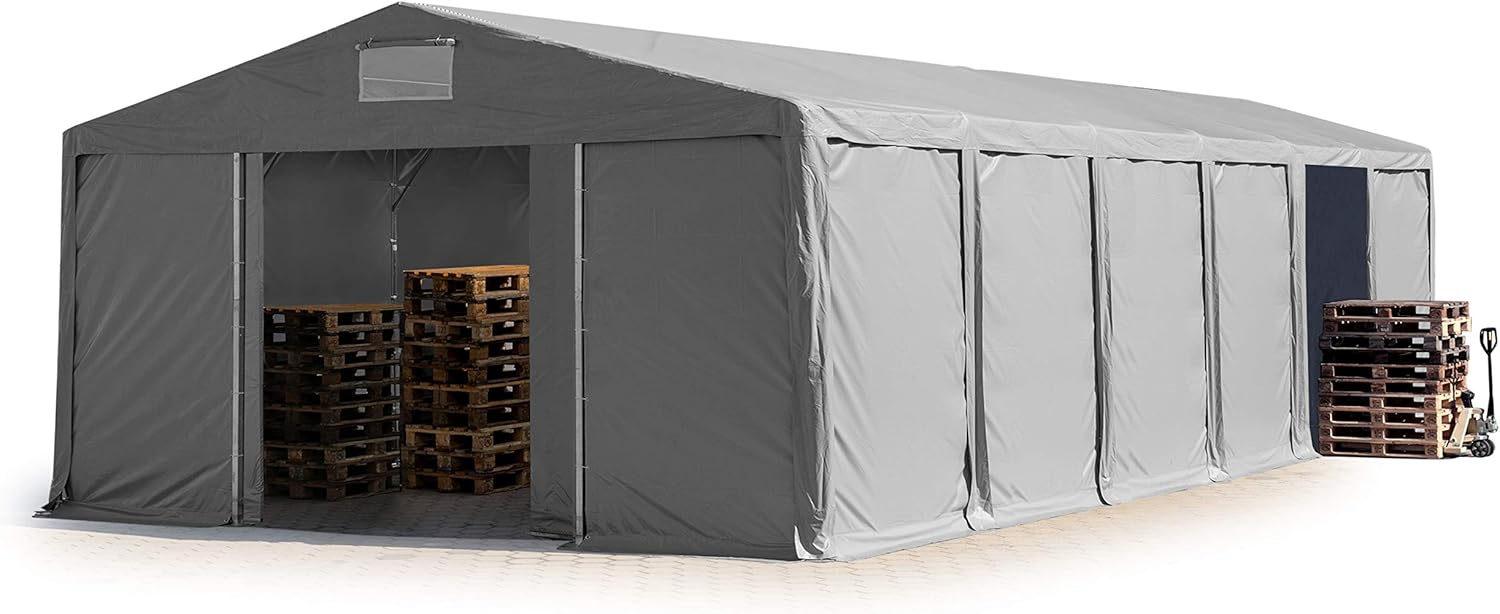 TOOLPORT Lagerzelt Industriezelt 8x12 m Zelthalle mit 3m Seitenhöhe PVC Plane 850 N grau wasserdicht Ganzjahreszelt mit Schiebetor