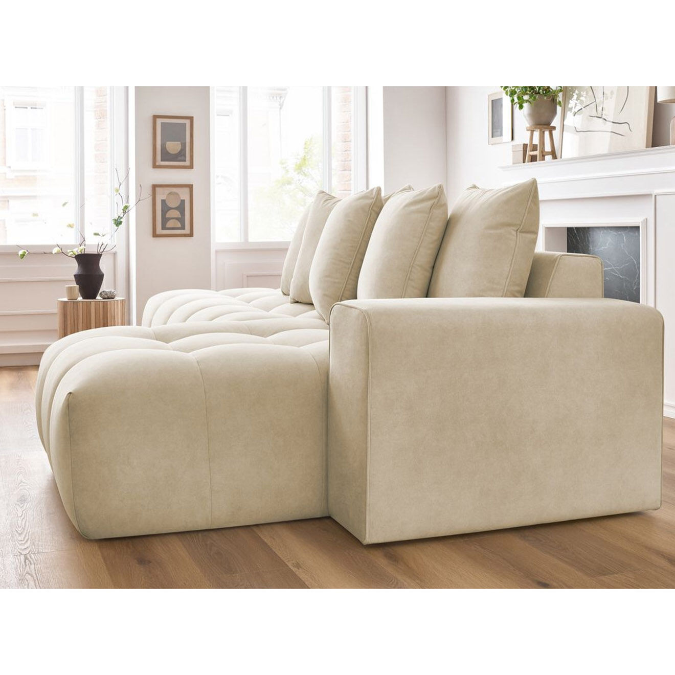 Bobochic Canapé d'angle fixe mont-blanc velours angle droit beige - 313x176x97 cm