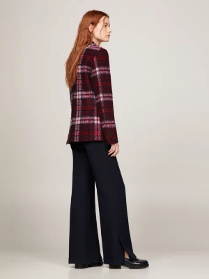 Blazer de corte reto com estampa xadrez tartan, unissex e abotoamento duplo.