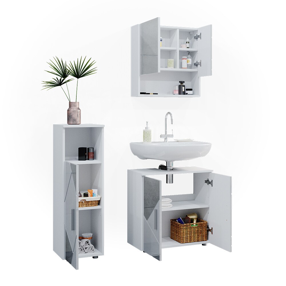 Vicco Badmöbelset mit Dekospiegeln Irma Weiß Hochglanz modern Badezimmerschrank Badschrank Badezimmermöbel Waschtischunterschrank Spiegelschrank Midischrank Schranktür Schrankfach Schrankschublade