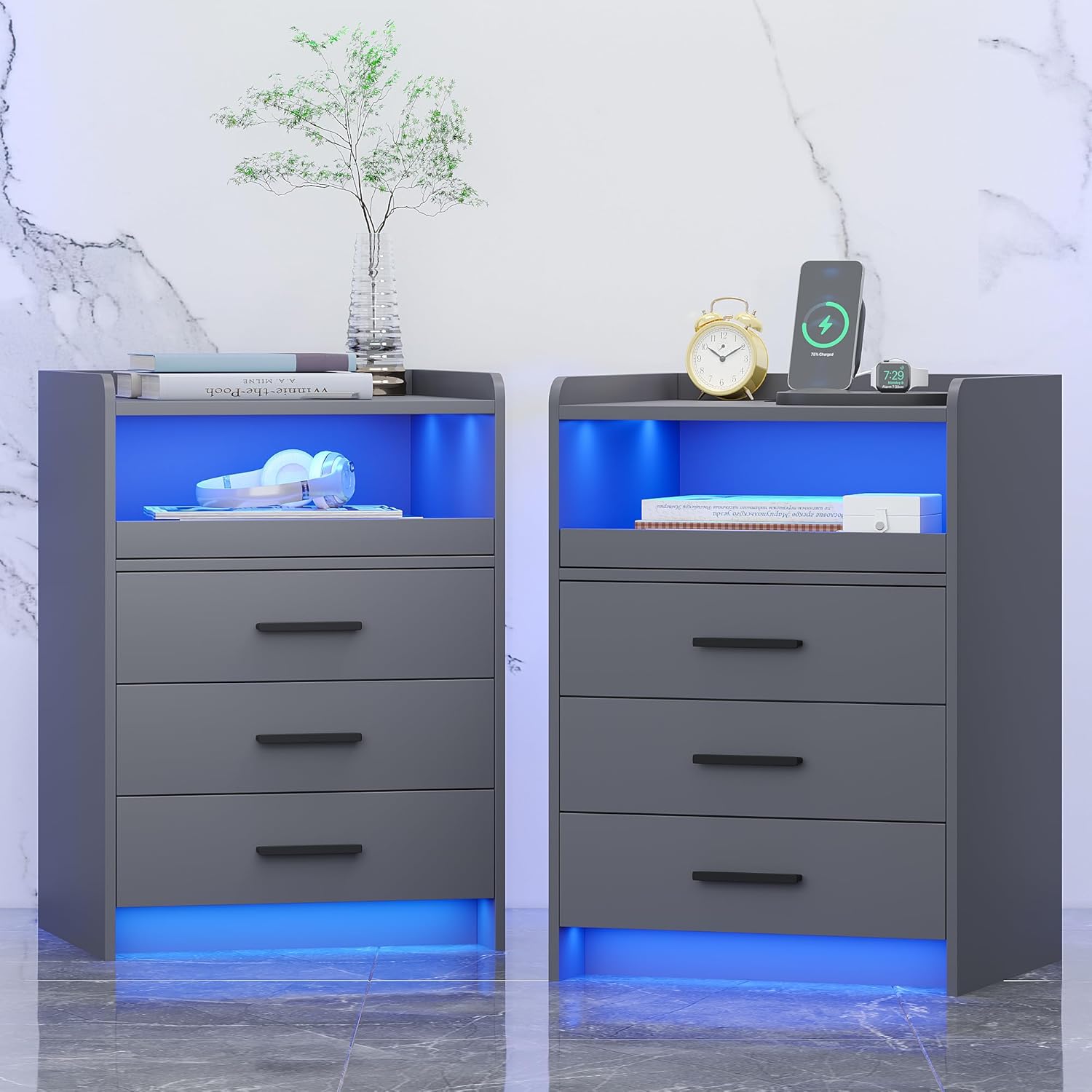 FREDEES Nachttisch 2er Set mit Ladefunktion, LED Nachttisch mit RGB-Licht und menschlichem Sensor-Design, Bedside Table mit 3 Schubladen für Schlafzimmer Wohnzimmer Büro, Grau