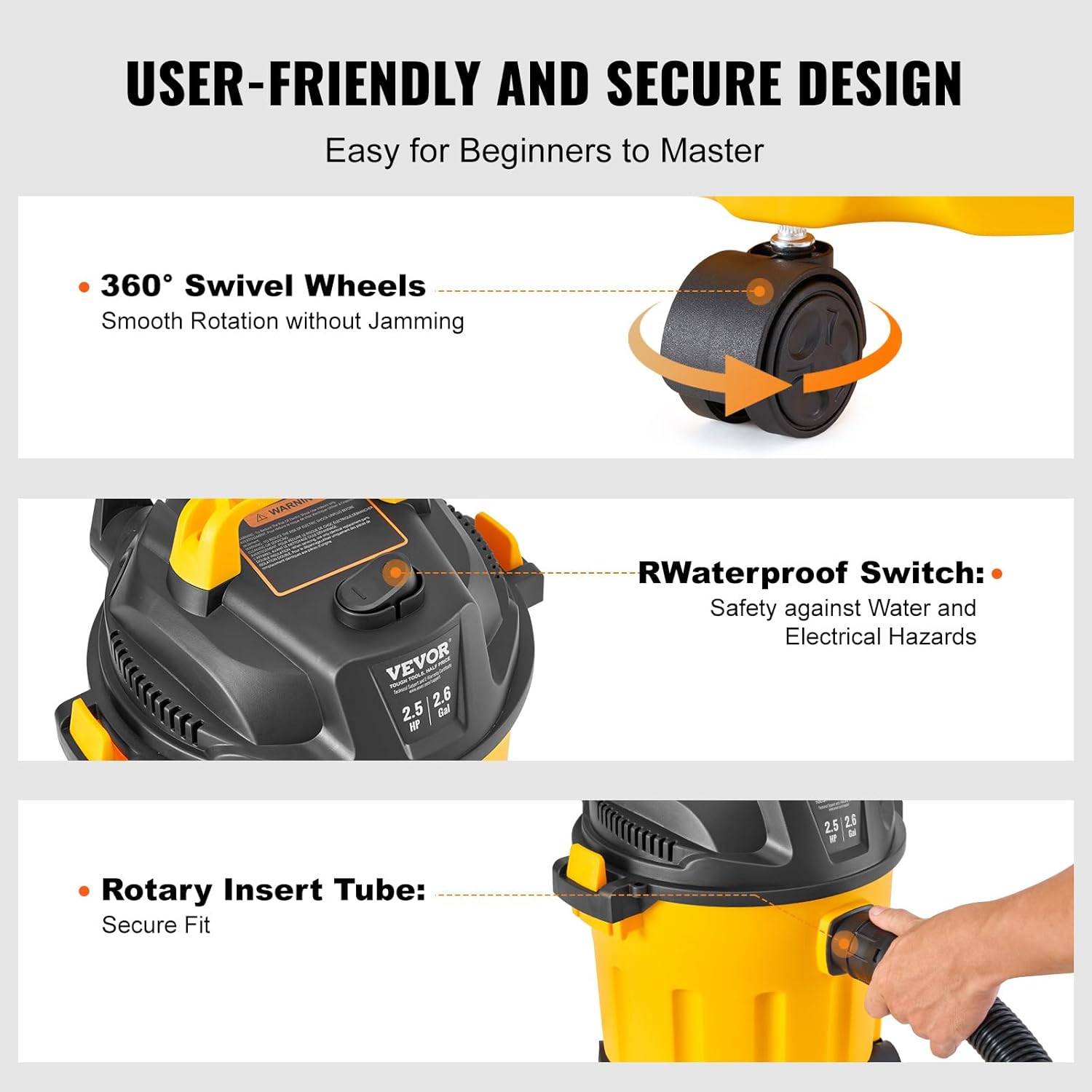 VEVOR Aspirateur eau et poussière 10 L, aspirateur d'atelier sec humide portable léger, 2,5 CV max, aspiration et soufflerie efficaces avec buse, roulettes, pour tapis, débris, poils d'animaux, jaune : Cuisine et Maison