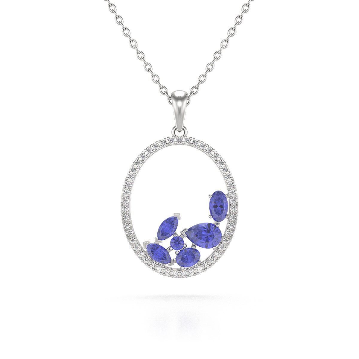Collier Pendentif Or Blanc 585 Tanzanite et Diamants Chaine Or incluse 2.096grs