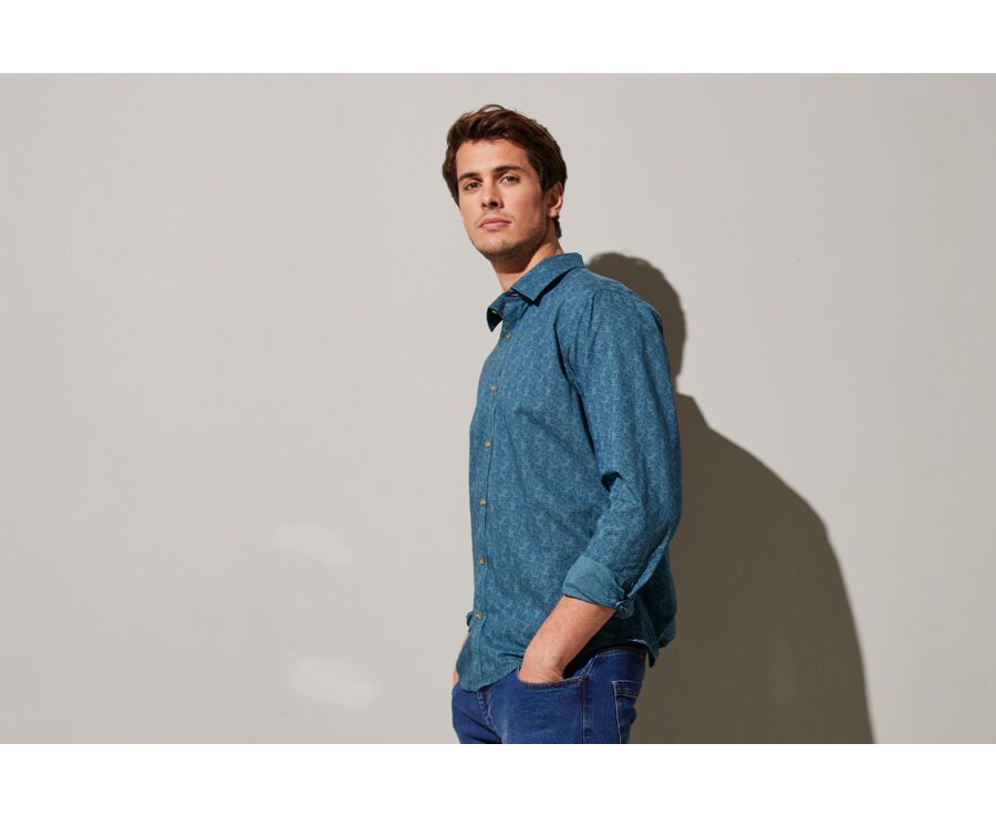 Chemise coton lin homme verte à motif tropical bleu - GOBERT