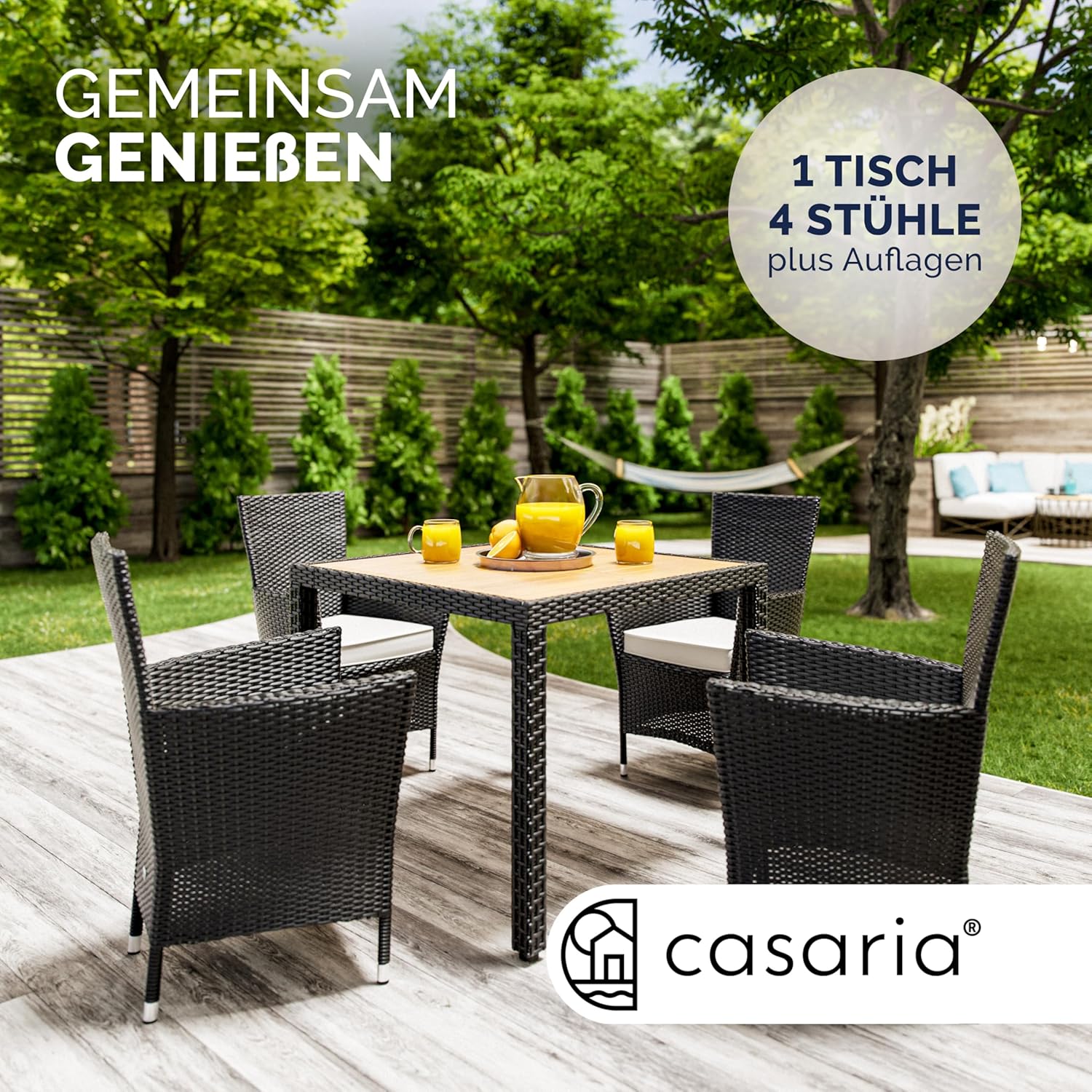 Casaria® Gartenmöbel Set Holz Balkon Wetterfest 4 Personen Polyrattan Akazie Outdoor 7cm Auflagen Stapelbar Gartenstühle Gartentisch Garten Terrasse Möbel