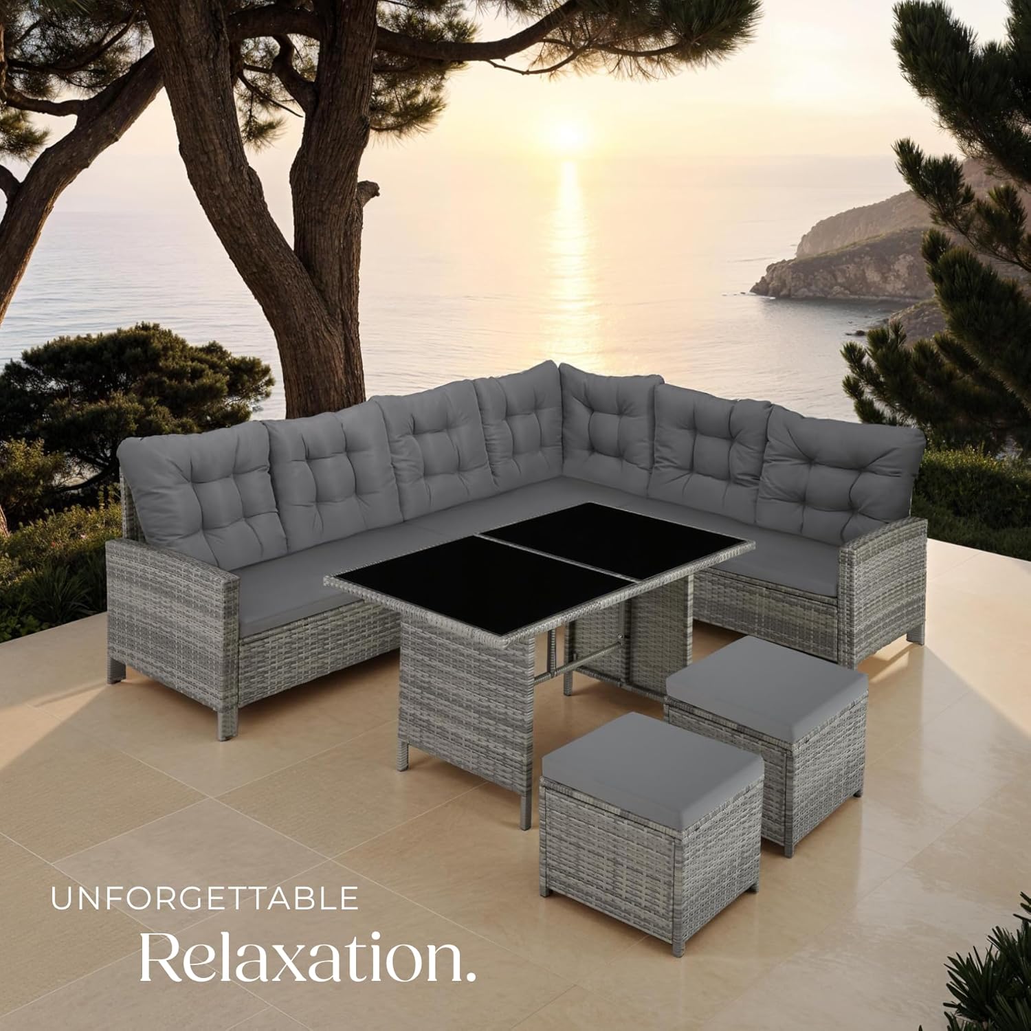 tectake Polyrattan Lounge Set, Gartenmöbel Set mit Sofa, Hocker + Tisch, Balkon Möbel Outdoor, 5-teilige Sitzgruppe, inkl. Sitz- & Rückenkissen, ideal für Garten, Terrasse, Balkon - grau/beige