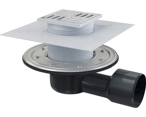 Alcadrain vloerafvoer 105 mm x 105 mm met horizontale uitloop DN 75 mm, rooster van roestvrij staal, afdichtingsflens en manchet van roestvrij staal - 2e afdichting, stankafsluiter met waterslot en klep.