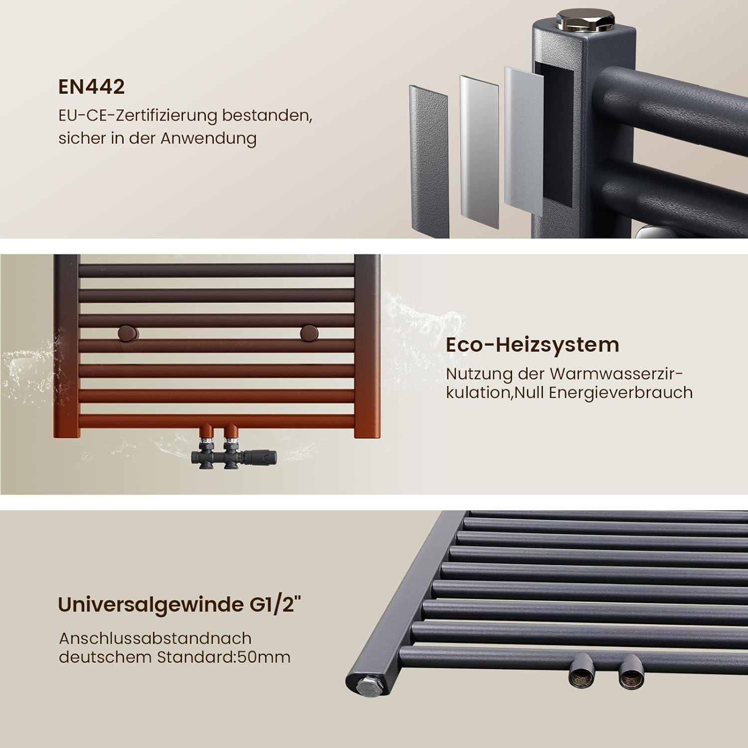 Heilmetz Anthrazit BadHeizkörper 50 x 180 cm Handtuchtrockner Bad-Heizkörper Handtuchheizkörper Mittelanschluss Heizung 739 Watt Leistung Handtuchwärmer