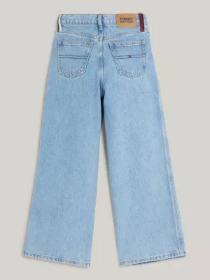 Calça jeans desbotada de perna larga com listras globais