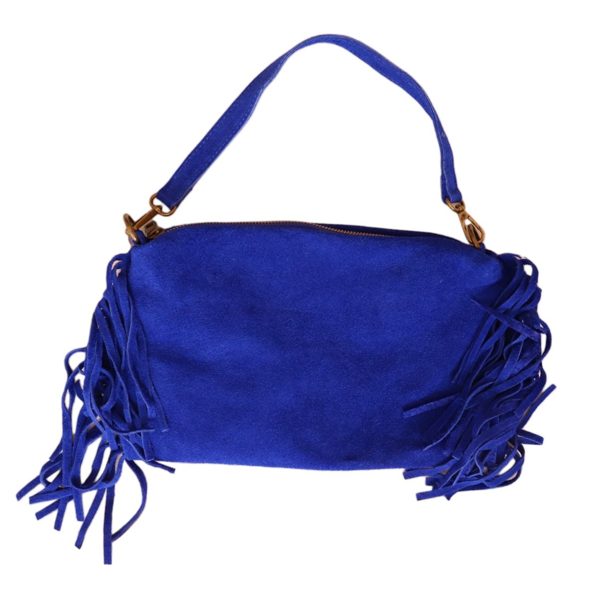 Sac à mains à franges daim bleu majorelle Maison Suzanne
