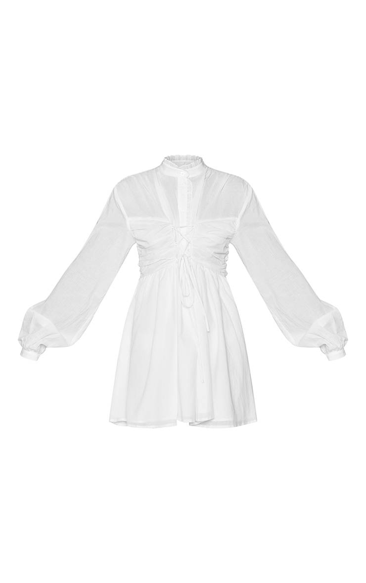 Blanc Robe Droite À Manches Longues En Popeline Transparente Avec Détail De Liens Froncés À La Poitrine