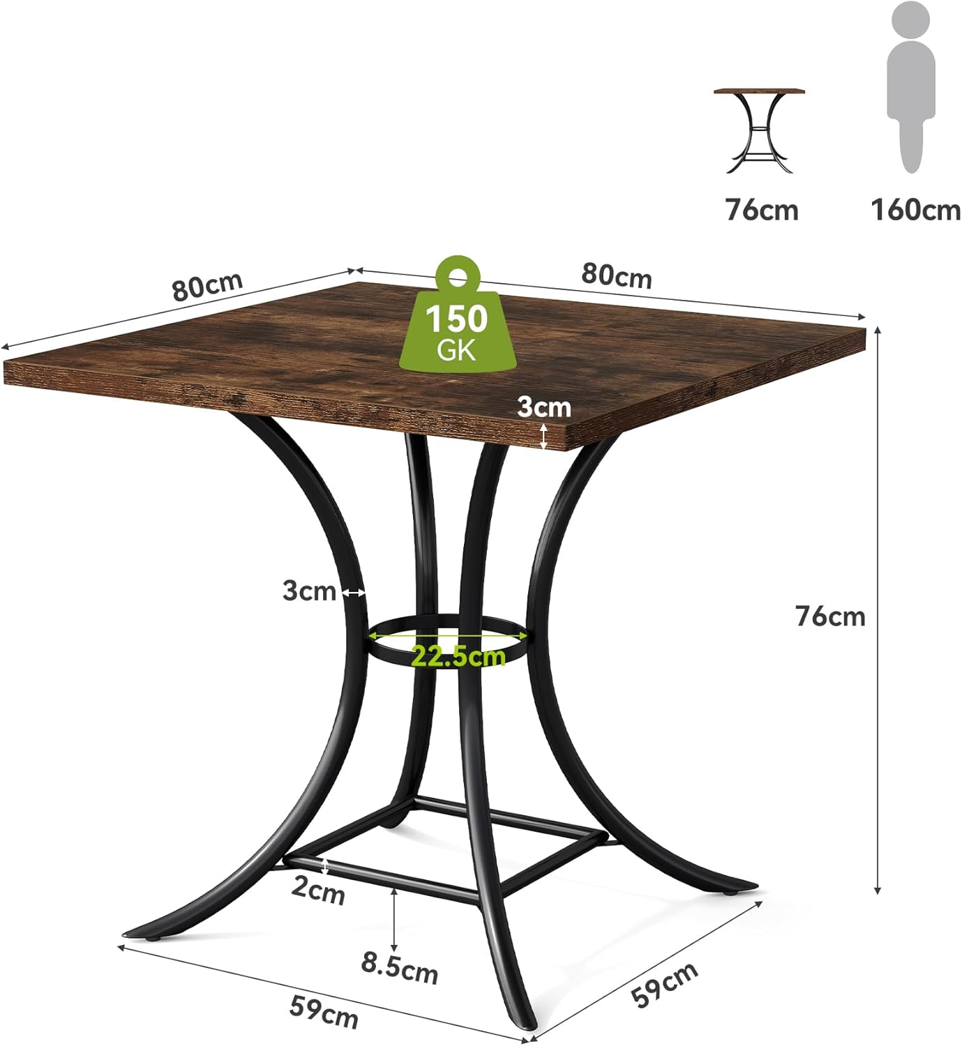 Tribesigns Esstisch für 4 Personen, 80 cm, Landhausstil, Quadratischer SmalKüchentische für Esszimmer, Wohnzimmer, Küche, braun (nur Tisch)