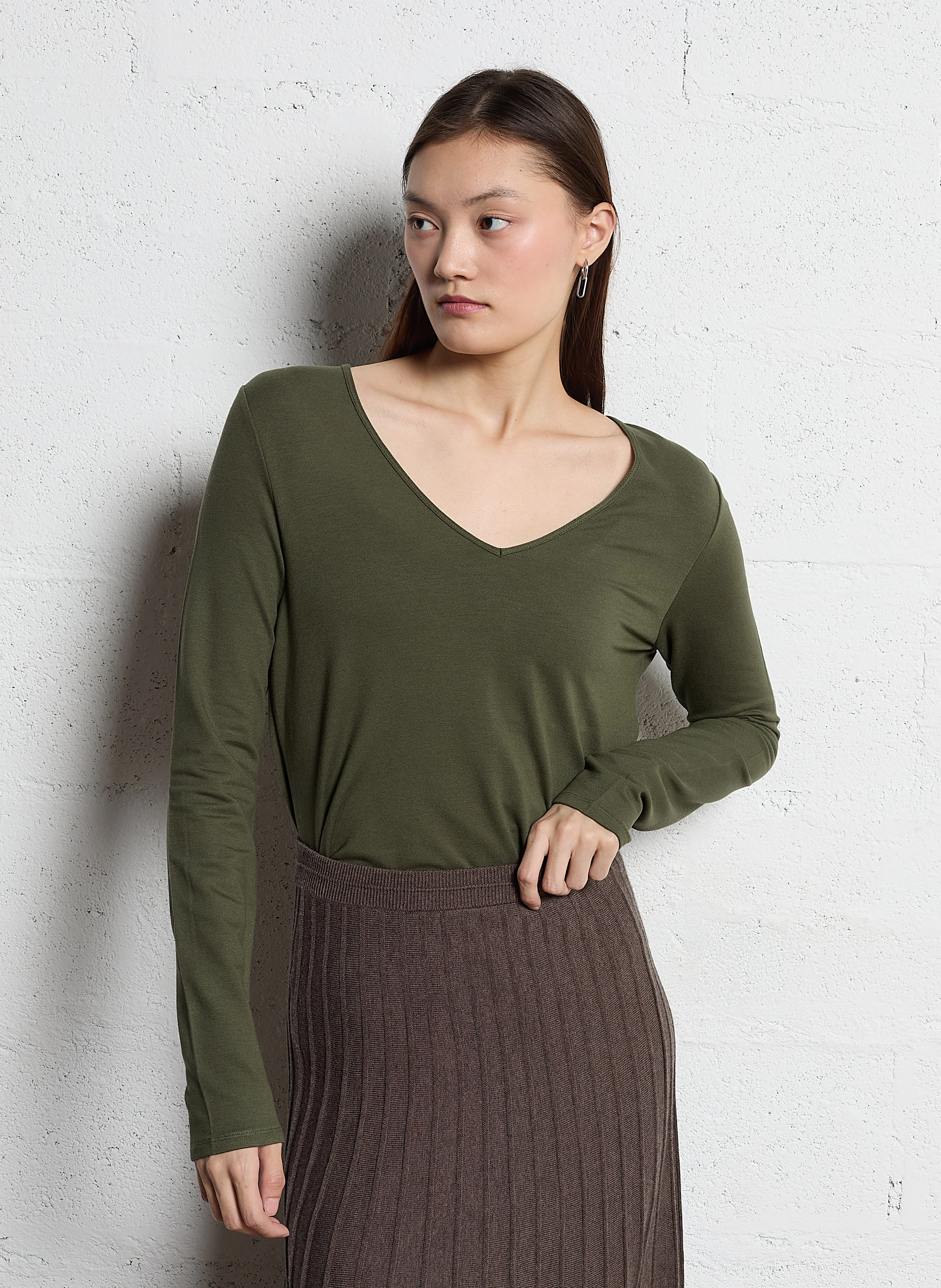 Tee-shirt droit col v | Kaki
