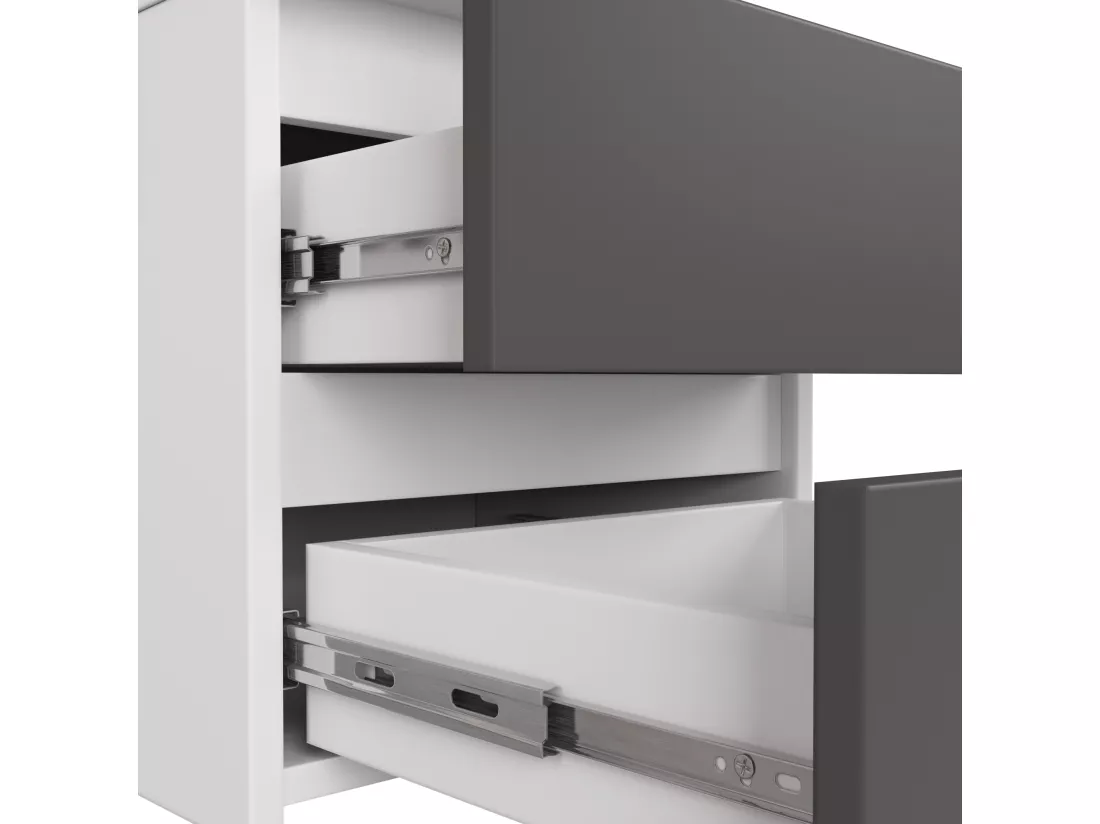 Bureau AKORD d'angle gauche B16 Blanc 124 cm 3 tiroirs façade Gris Graphite 2 étagères 124x85x77 cm