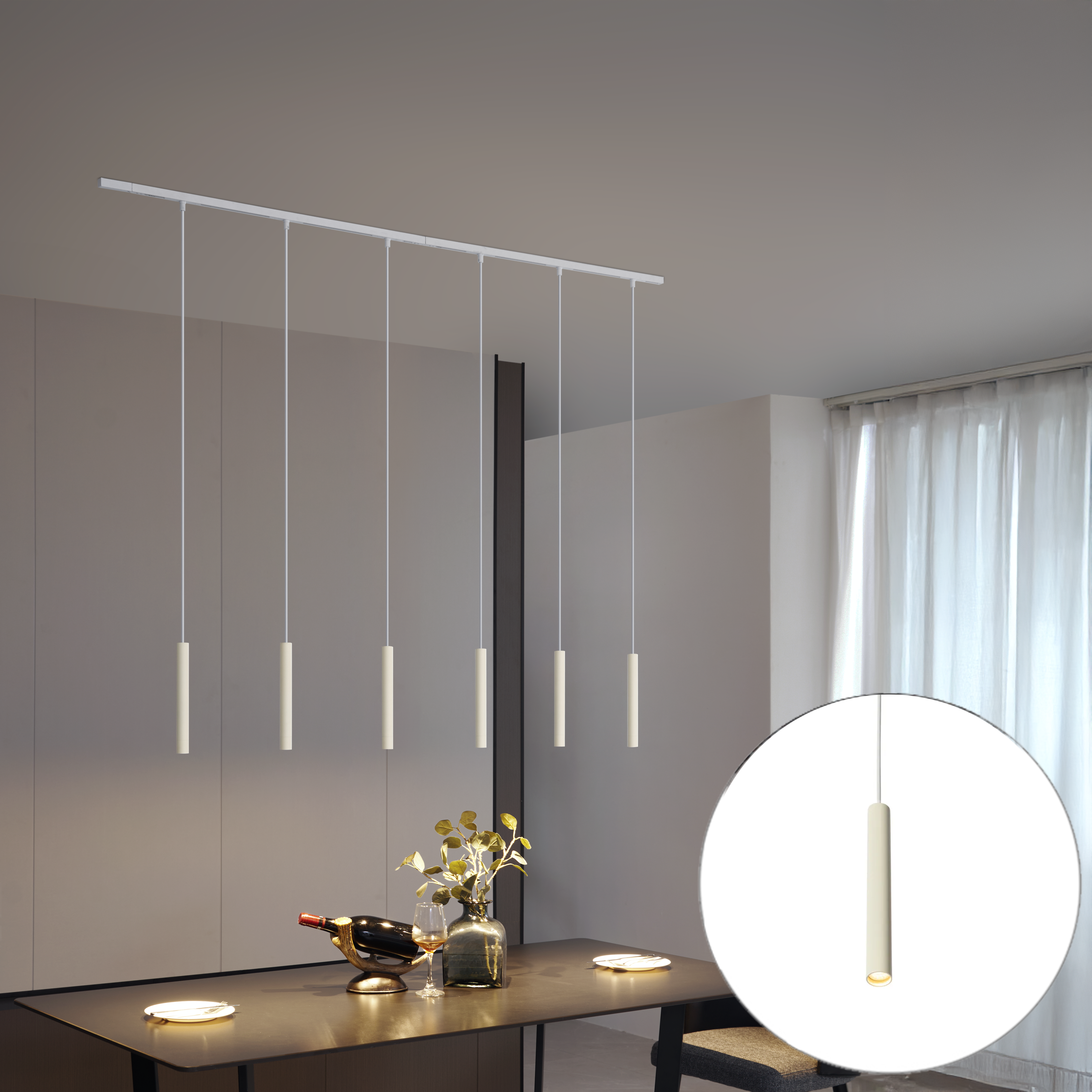 Modern railsysteem met 6 hanglampen beige met wit 1-fase - Slimline Keno