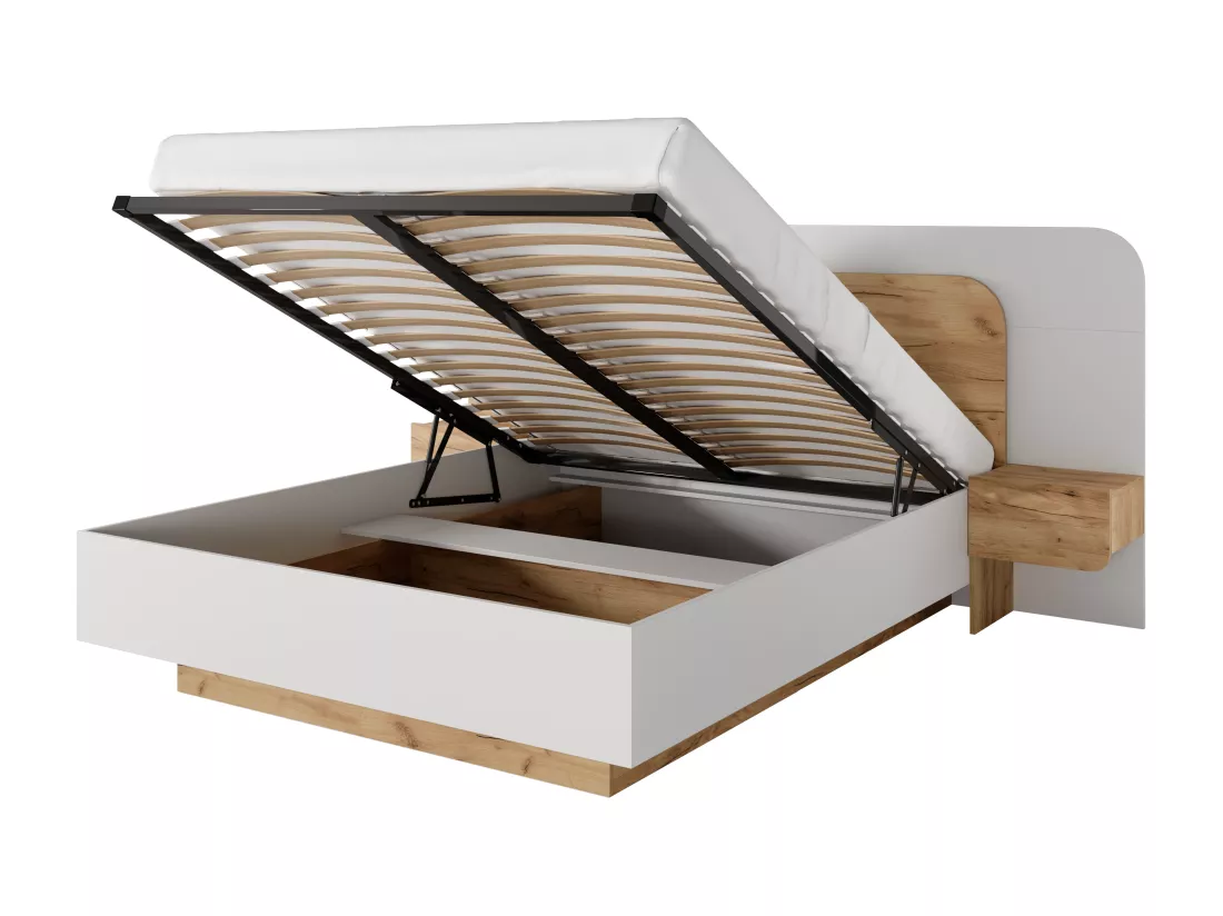Lit coffre avec chevets 160 x 200 cm - Avec LEDs - Coloris : Naturel et blanc + Matelas - DESADO