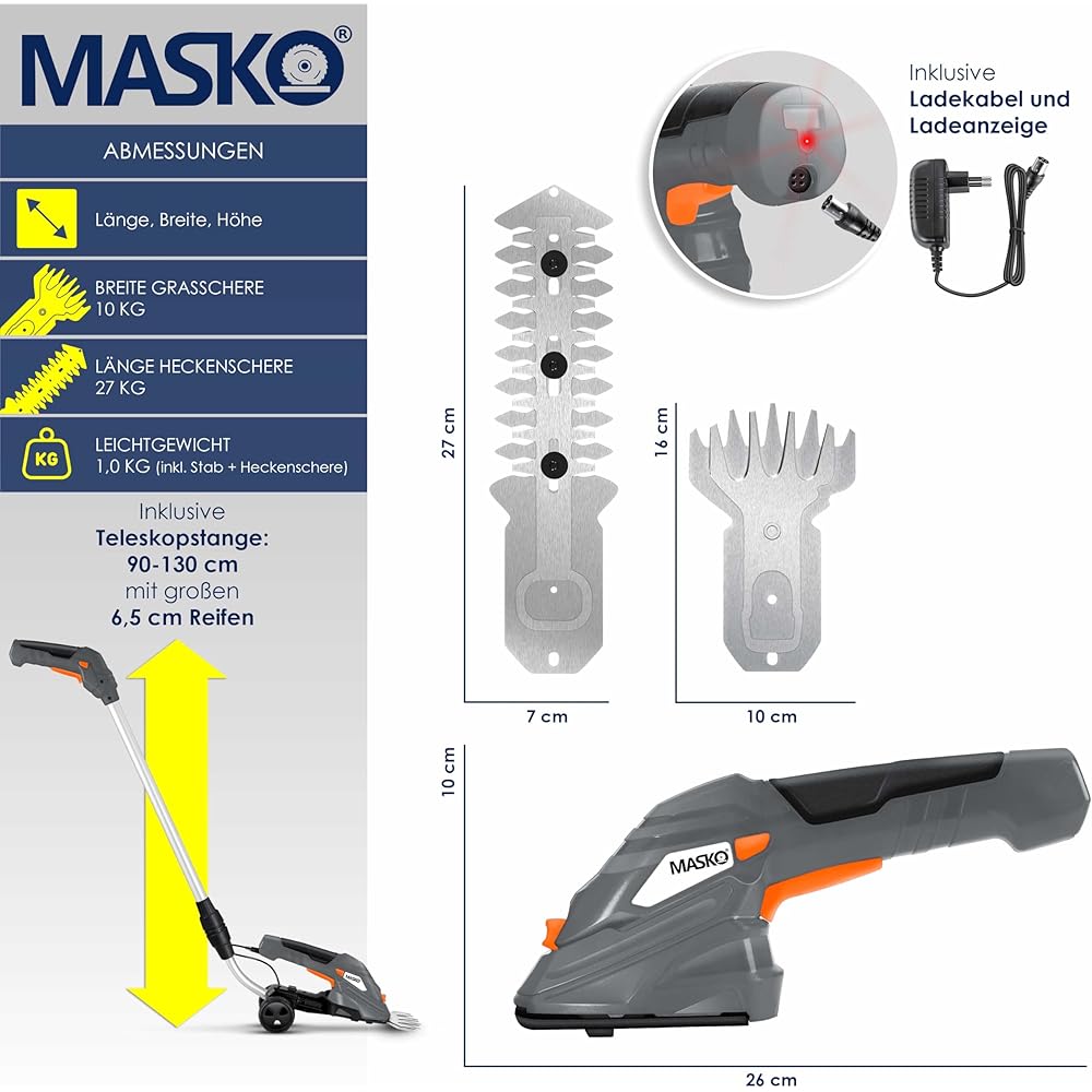 Masko® Cisaille à Gazon | Cisaille à arbustes + Gants, Set avec Batterie 7,2 V 2 000 mA/h et Chargeur | Taille-haie électrique de Jardin | Ciseaux à Gazon avec Lame à Herbe, Lame pour arbuste, Gris : Jardin