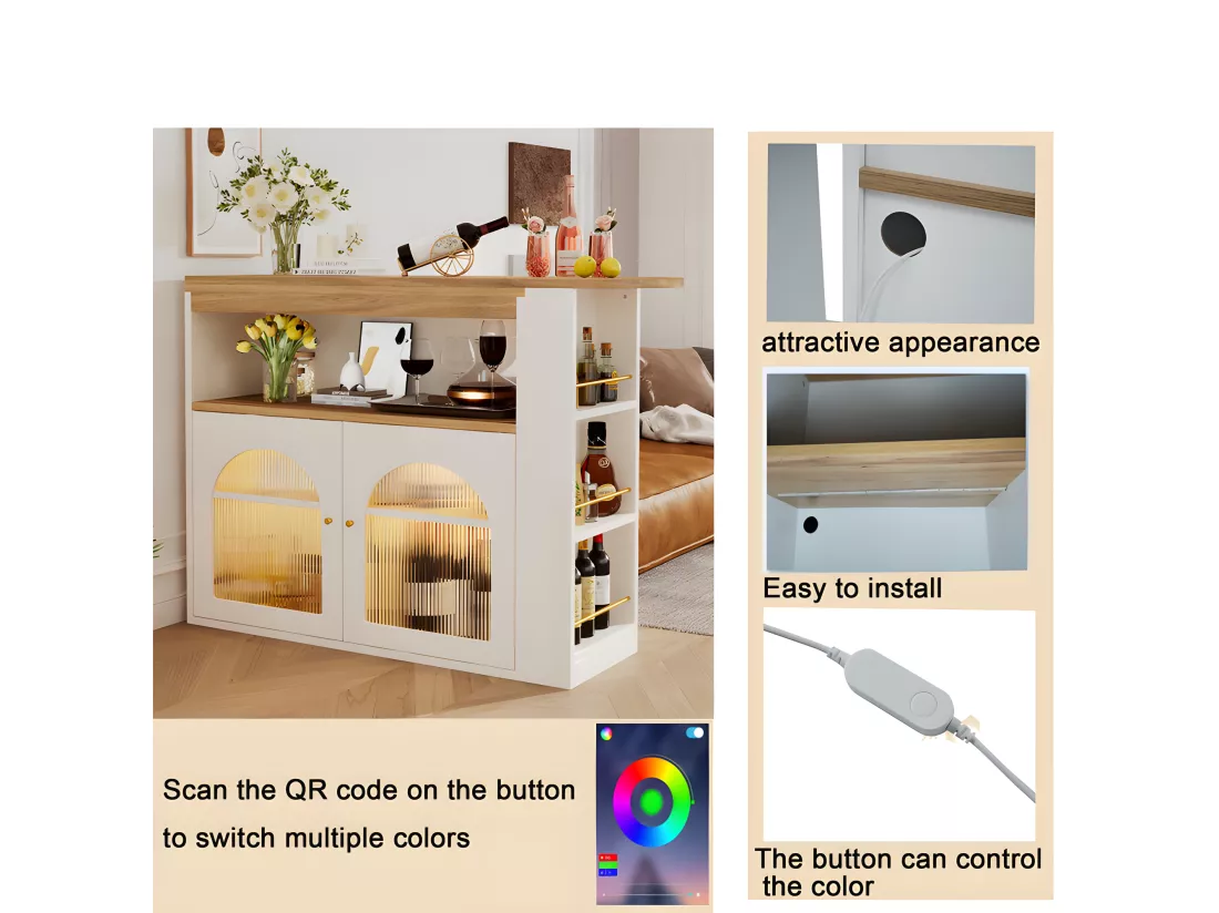 Buffet、Meuble de bar pivotant et escamotable avec LED - grand espace de rangement - style contemporain - Blanc