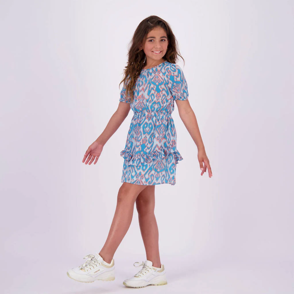 Vingino jurk Paxie met all over print en volant helderblauw/lichtroze