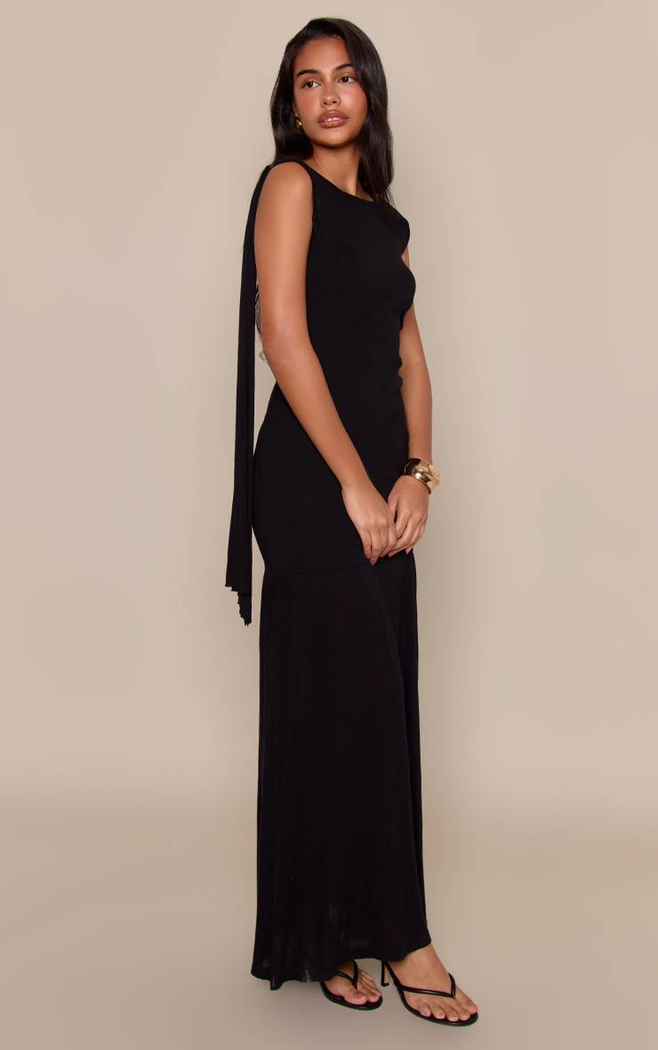 Noir Robe Maxi Tricotée À Détail Foulard Et Panneau Transparent