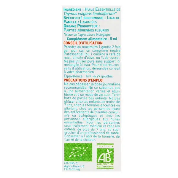 Óleo Essencial de Tomilho Orgânico Puressentiel com Linalol 5ml