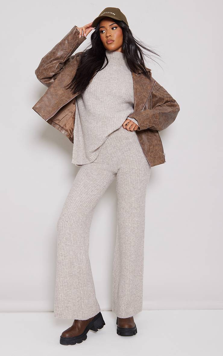 Marron Pantalon Large En Maille Côtelée Luxe Tall