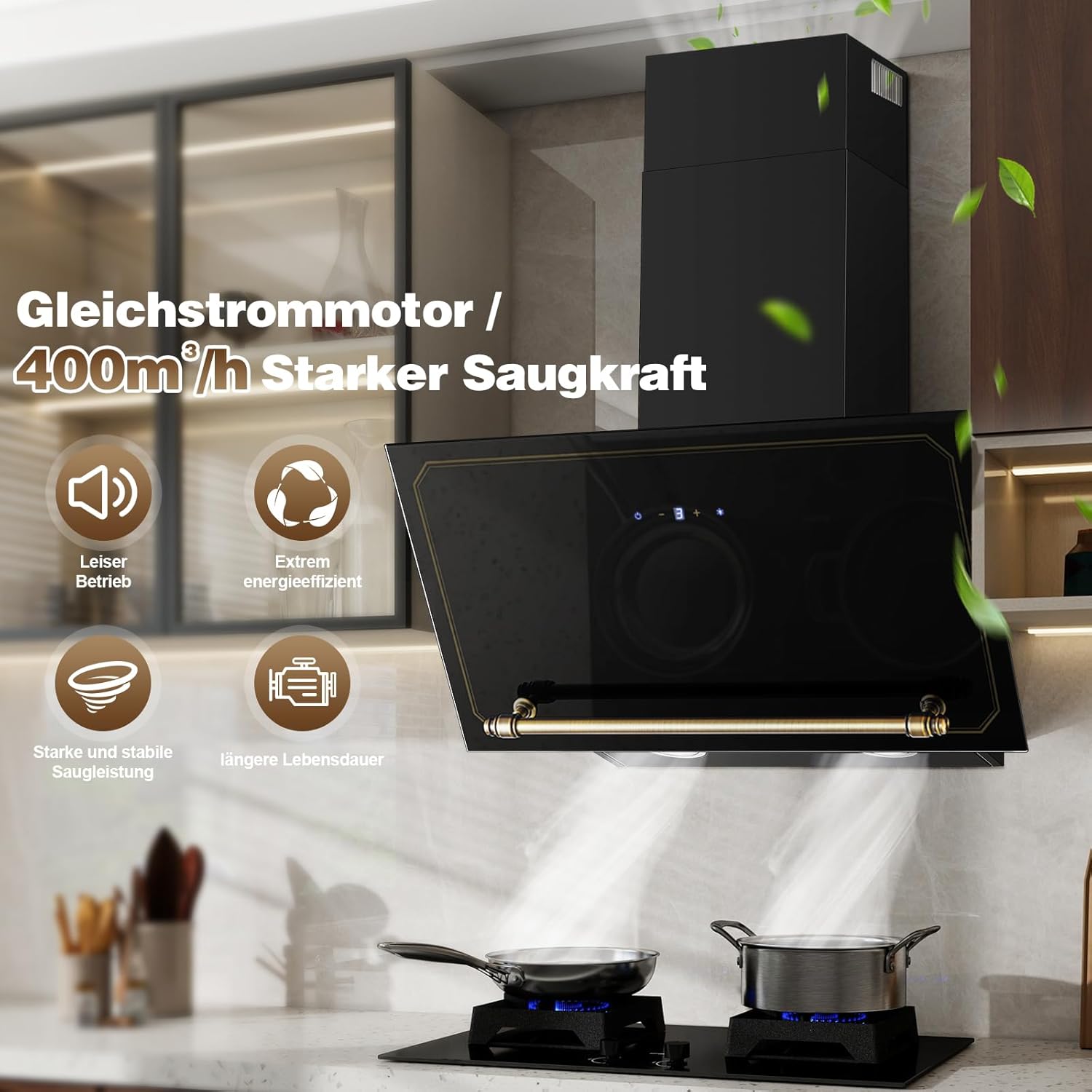 SNDOAS Dunstabzugshaube 60cm, Abzugshaube mit A+++ Energieeffizienz, Abluft/Umluft, 400 m³/h, 3 Stufen + Booster, Wandhaube mit Aktivkohlefilter, Gehärtetes Glas Touchscreen und LED, Schwarz/Gold