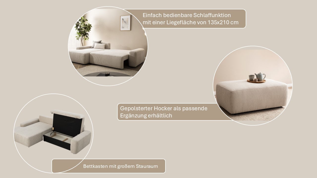 Home affaire Ecksofa »TORGE (264cm), Schlafsofa in Cord, Samtvelours o Struktur fein, L-Form« Schlaffunktion, Bettkasten, Liegefläche: 125/210 cm