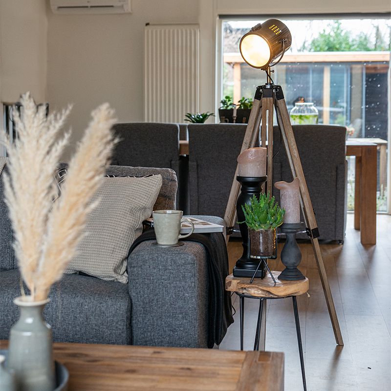 Industriële vloerlamp tripod hout met studiospot - Braha