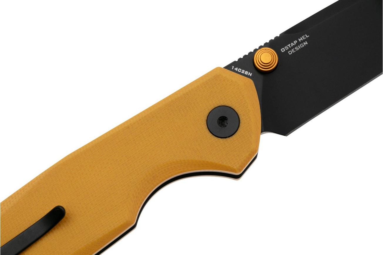 Bestechman Velix BMK07E PVD 14C28N, Yellow G10 zakmes, Ostap Hel design