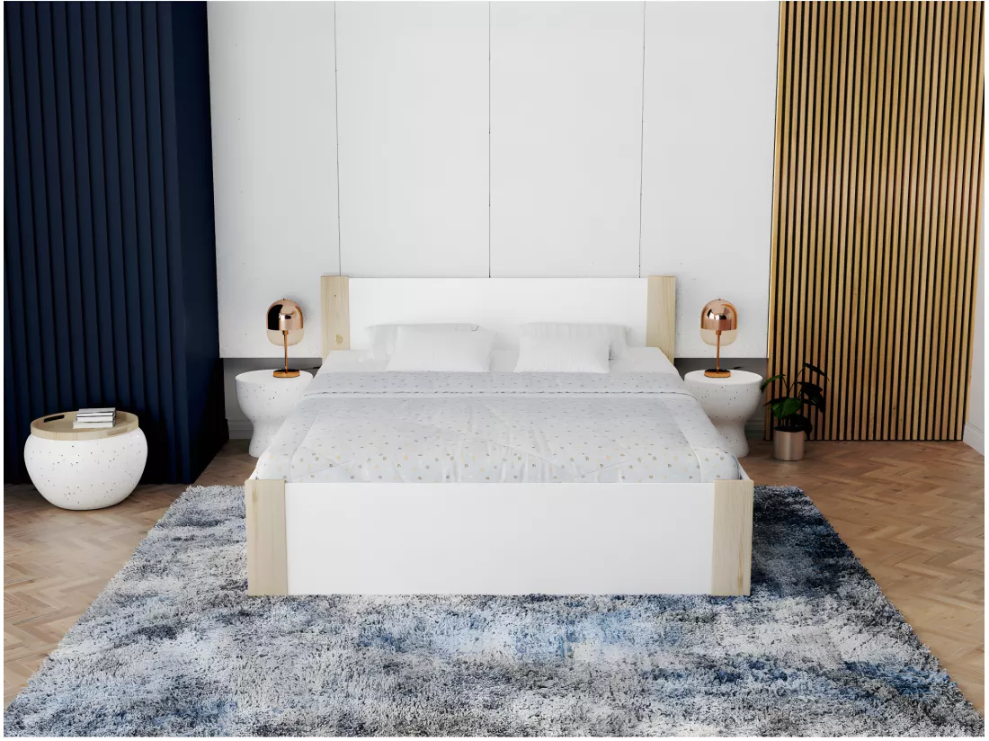 Lit BOSTON 140x190 + coffre - Sommier inclus Pin - blanc