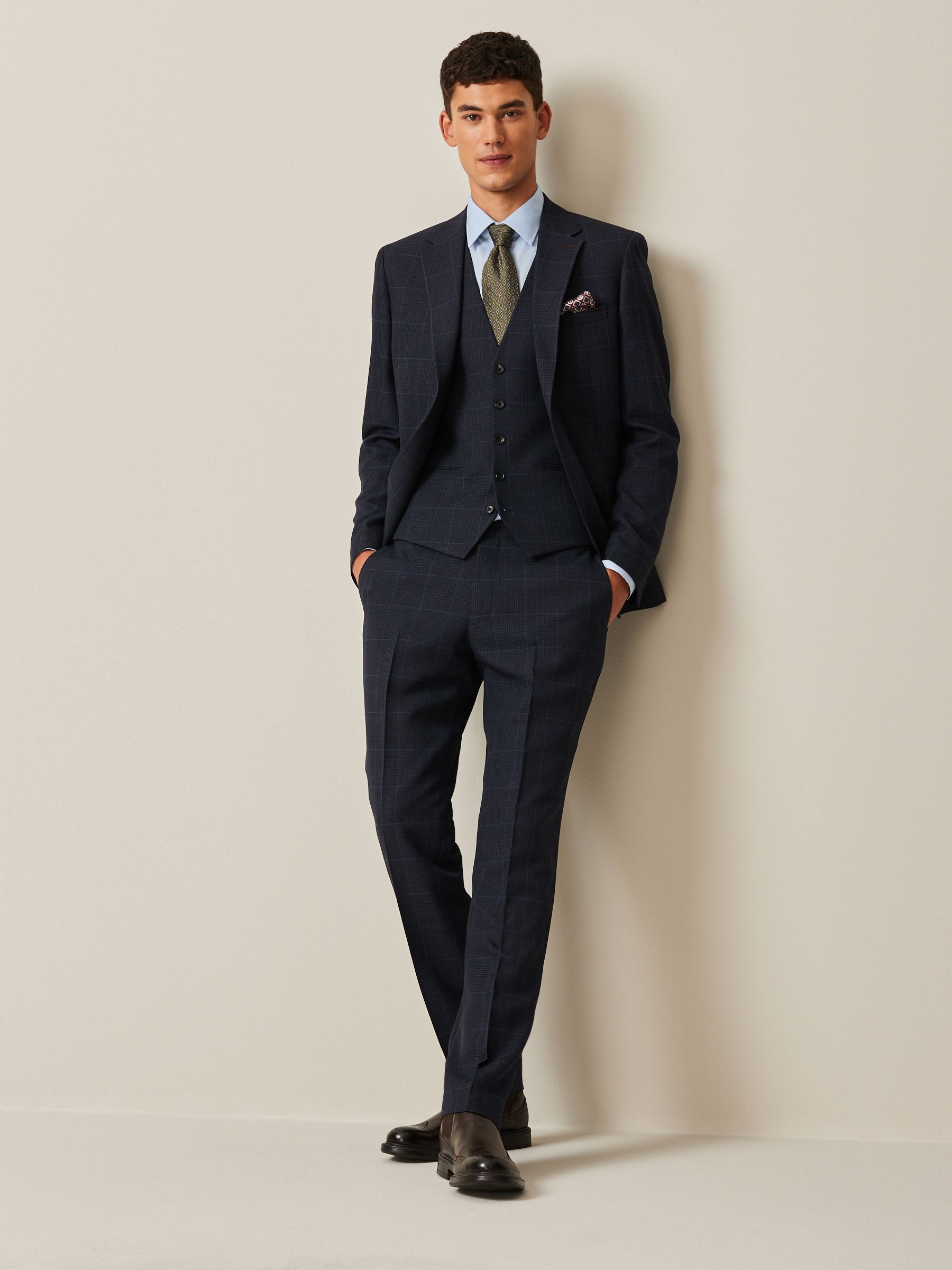 Donkerblauw - Geruit Prince of Wales kostuum: herenvest