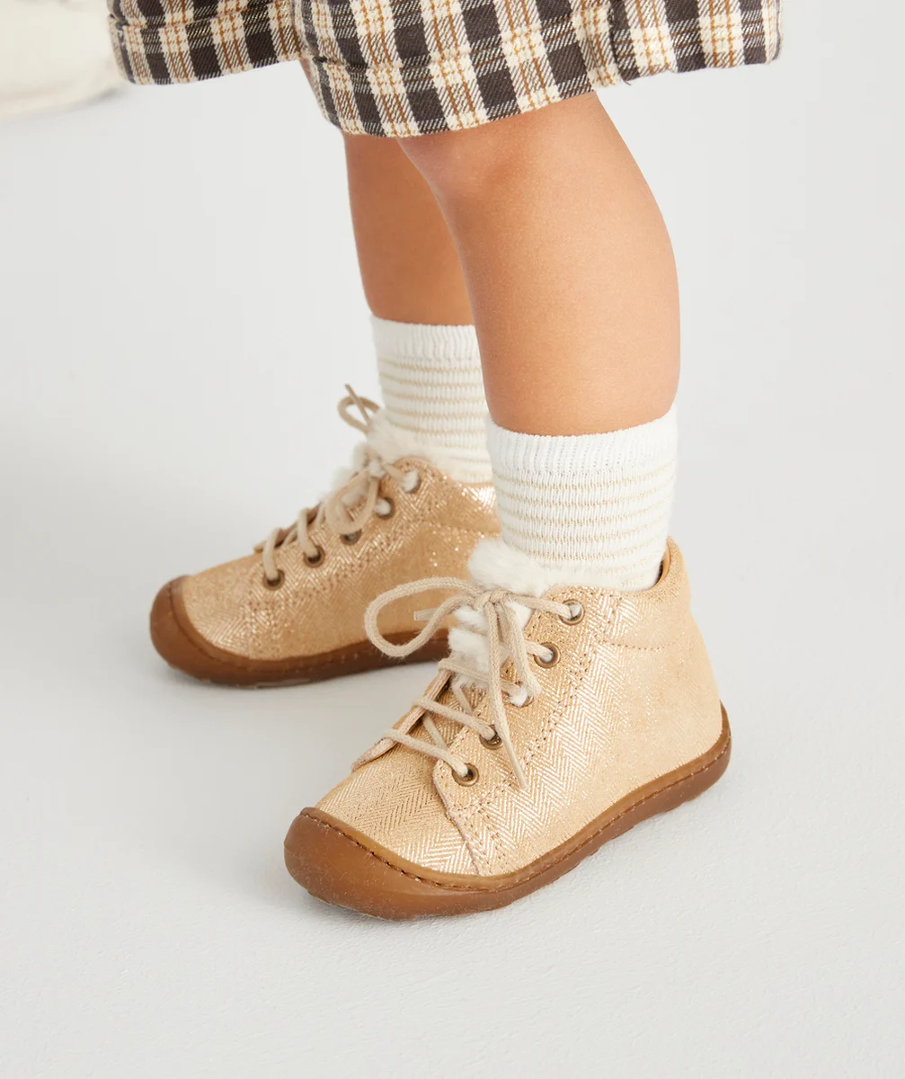 BOPYBOTTINES PREMIER PAS EN CUIR COULEUR DORÉE AVEC FOURRURE