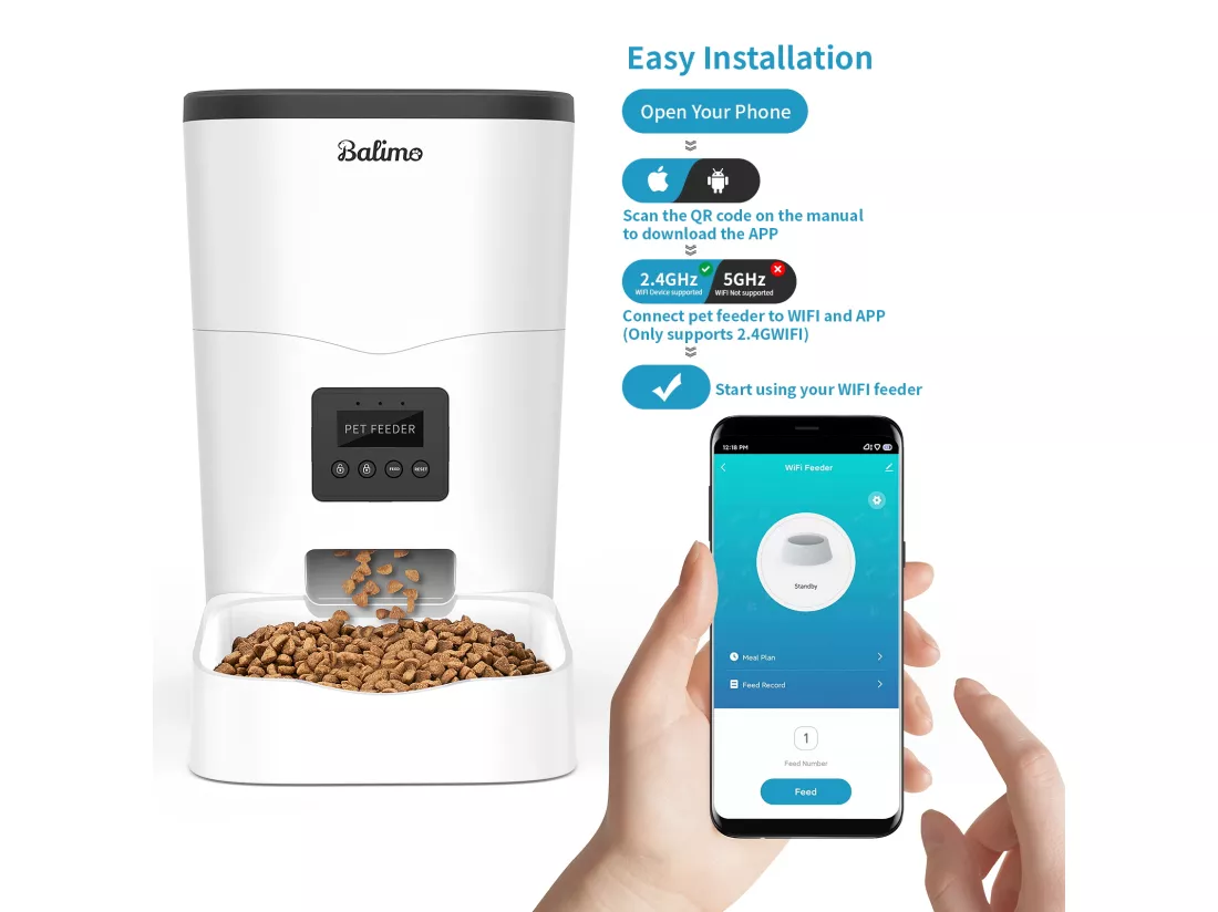 Balimo WIFI Distributeur de Croquettes 3L pour Chats/Chiens Télécommande Téléphone portable LCD,Adaptateur Secteur/Batterie,Fonction d'enregistrement