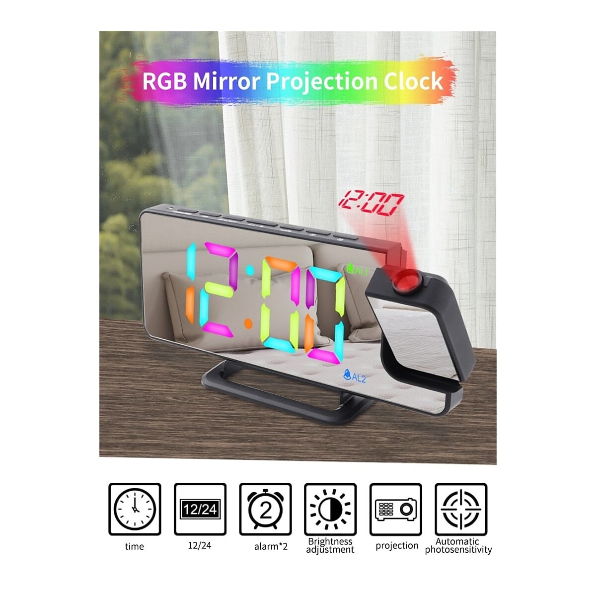 Vekkerklokke med RGB LED 180 graders roterbar projektorklokke Hvit