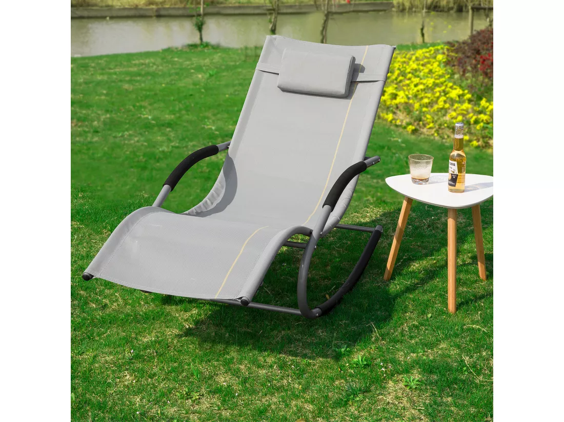 SoBuy OGS28-HG x2 Lot de 2 Bain de Soleil Chaise Longue Fauteuil à Bascule avec Appui-tête et Pochette et Repose-Pieds