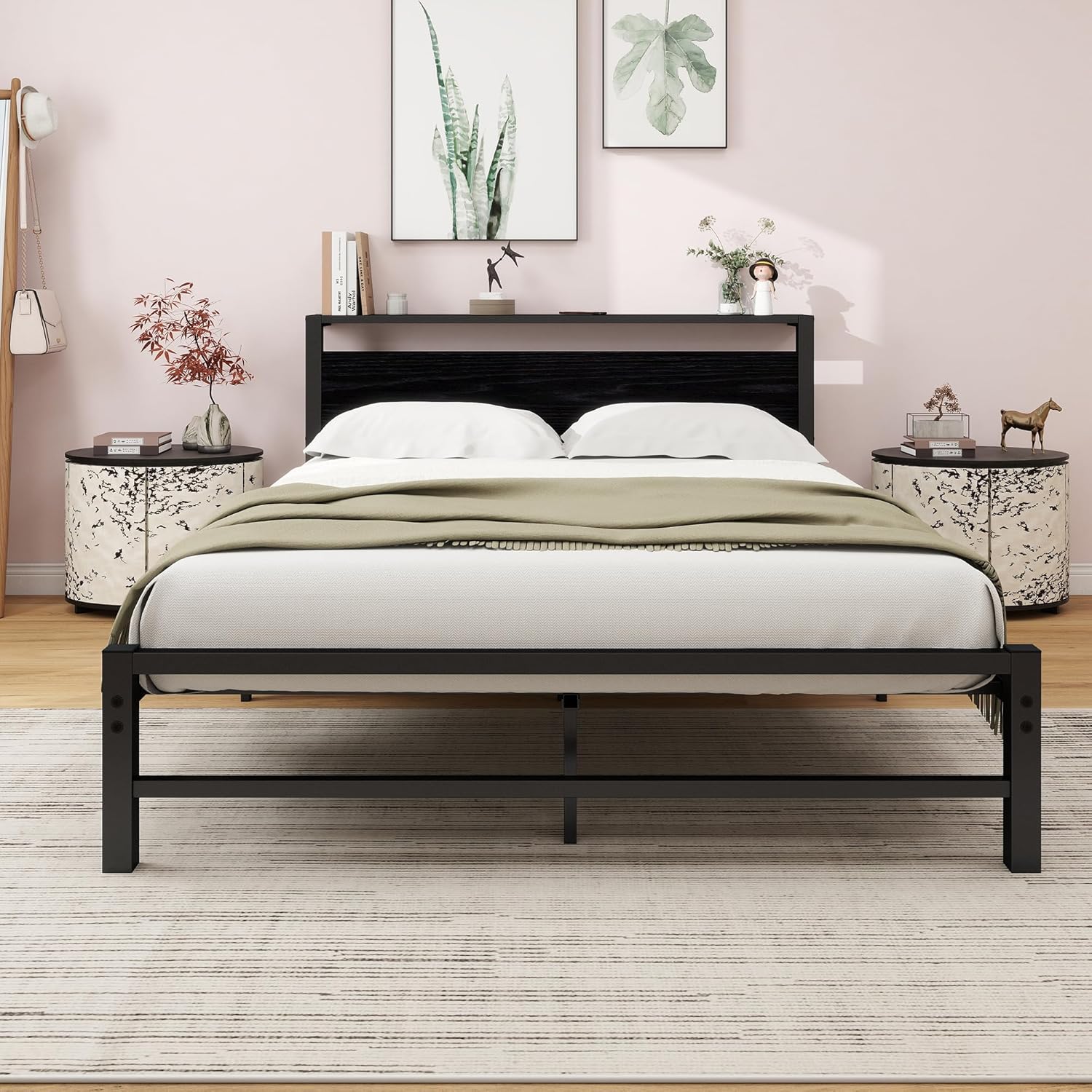 Bettrahmen Metallbett 140x200 cm mit Holz-KopfteilBettgestell aus Metall mit Lattenrost, Gästebett Robust Langlebig, Jugendbett Einfach zu Montieren- Schwarz