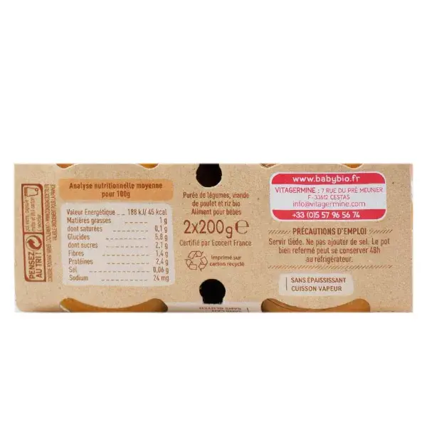 Babybio Petits Pots Midi Cenoura Abóbora Frango Arroz +6m Orgânico 2 x 200g
