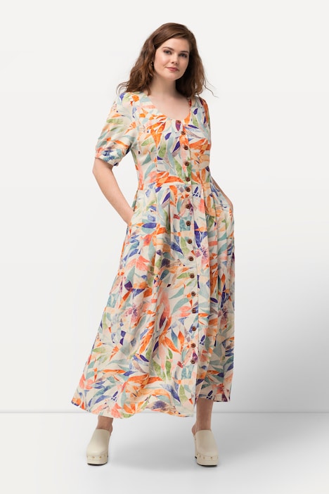 Kleid, Leinenmix, Knopfleiste, Rundhals, Halbarm